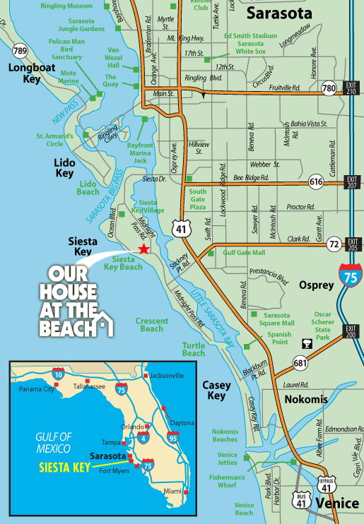 Map of Sarasota with Our House at the Beach marked